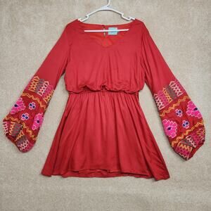 Judith March Red Floral V-Neck Long Sleeve Gypsy Embroidered Mini Dress Medium